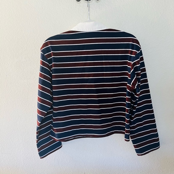 Uniqlo Navy and Burgundy Striped Polo Top with White Collar - Picture 5 of 7